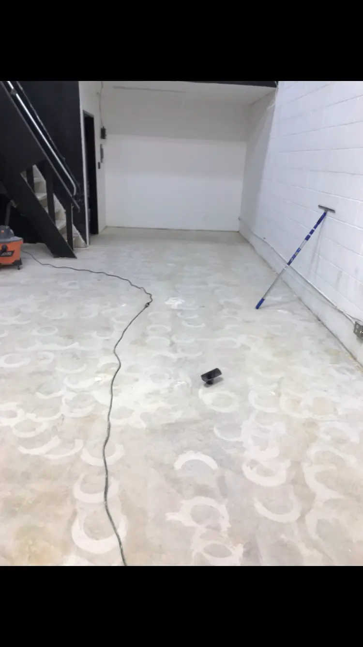 Bare concrete slab with old adhesive rings ground down, prepped for a new epoxy floor